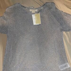 NEW Authentic Michael Michael Kors Knit Mesh Silver Metallic Top